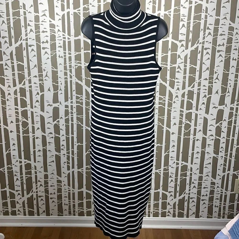 Striped Ribbed Sweater Knit Turtleneck Sleeveless Midi Dress…
